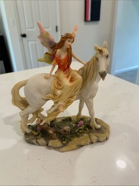Fairy on White Unicorn Sculpture - Hand-Painted Home Art